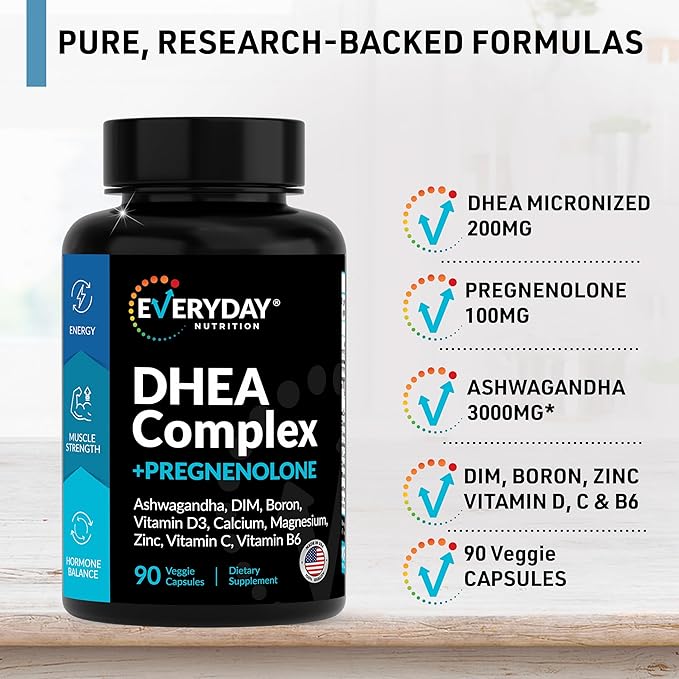 DHEA Micronized 200mg Complex with Pregnenolone 100mg Supplement for Men & Women with Ashwagandha, DIM, Magnesium, Boron, Calcium , Zinc, Vitamin D3, C and B6 Hormone Support - Made in USA 90 Capsules