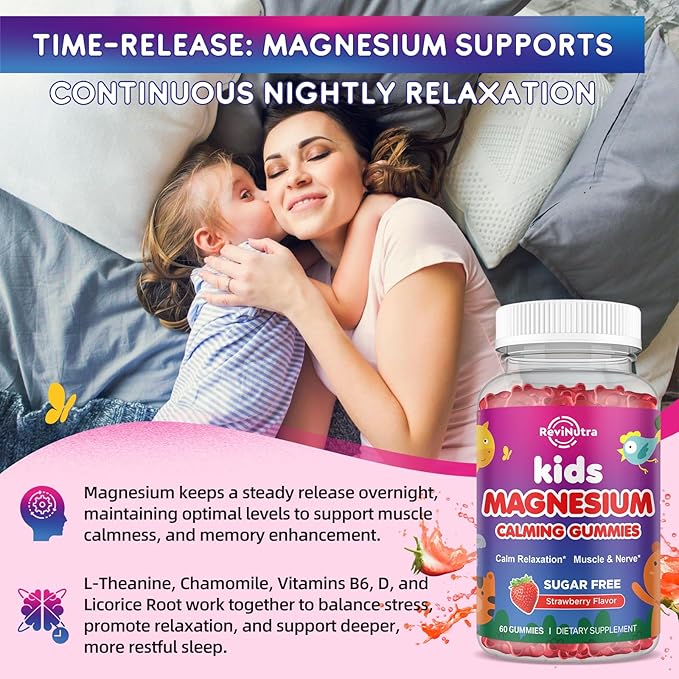 Magnesium Gummies for Kids - Magnesium Glycinate, L-Threonate Gummies with L-Theanine, Chamomile, Licorice, Vitamin B6, D for Kids & Adults Sleep, Stress, Muscle Relief & Nerve Bone - Sugar Free 60ct