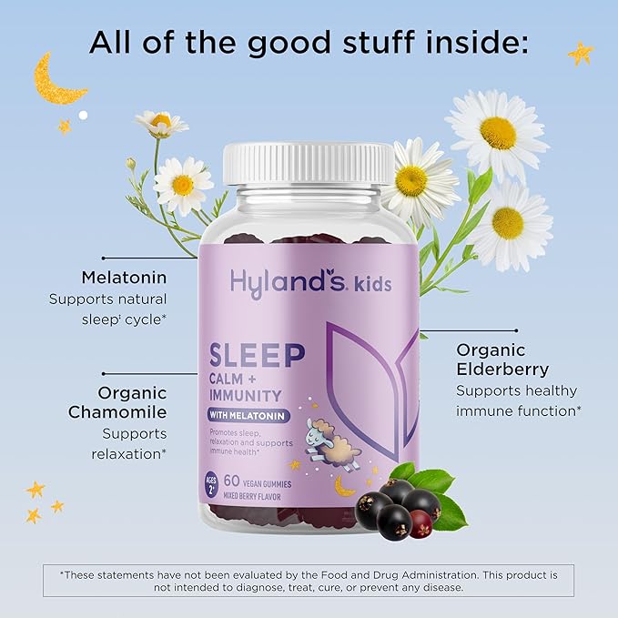 Hyland's Kids Sleep Aid, Calm and Immune Support, with Melatonin Sleep Aid Gummies, Helps with Sleeplessness and Restlessness, with Chamomile and Elderberry, 60 Vegan Gummies