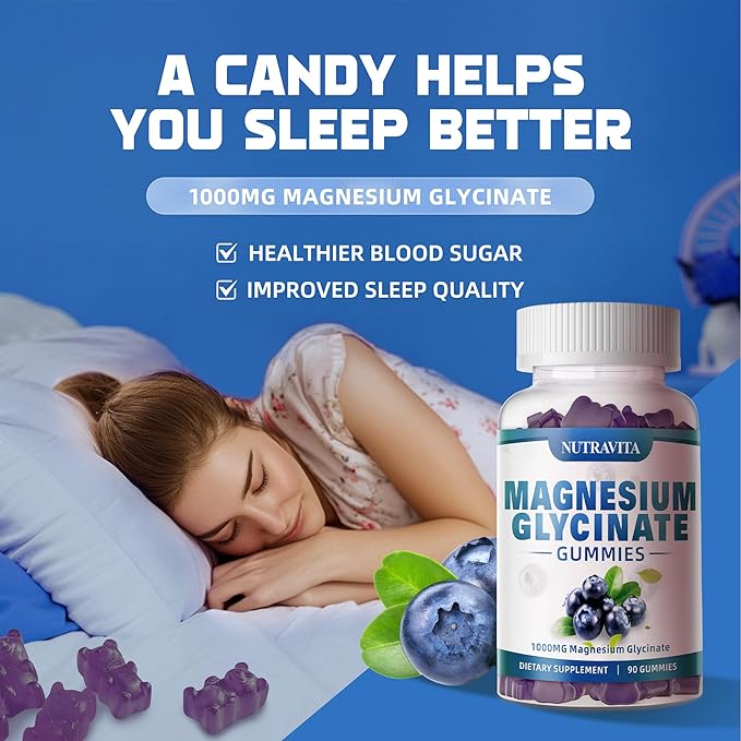Magnesium Glycinate Gummies 1000mg with Magnesium L-Threonate,Chelated Magnesium Potassium Complex Supplement with VitD, B6, CoQ10, Calcium,Supports for Memory, Calm, Mood - 180 Gummies Blueberry