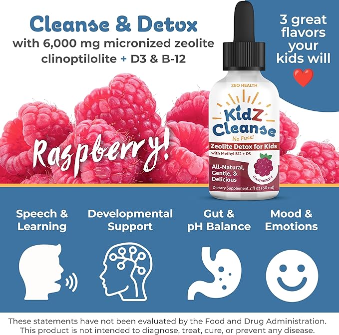 Kidz Cleanse | Zeolite Detox for Kids | Development, Behavior, Energy and Gut Health Support Supplement | Easy to Take, Pure Liquid Zeolite Drops + Methyl B12 + D3 (Raspberry Flavor) - 2oz