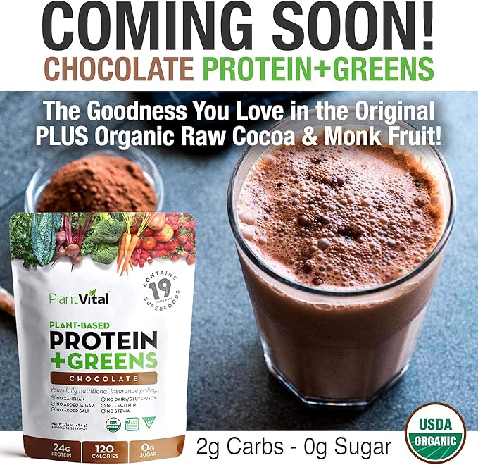 Plantvital Unflavored Organic Vegan Protein Powder - 18 Superfoods, Veggies and Probiotics - Organic Plant-Based Protein Powder - All BCAAβs, Gluten Free - 16oz (Pack of 2)