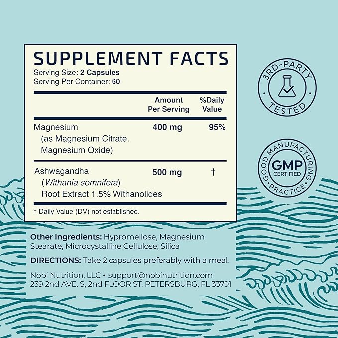 Magnesium Ashwagandha | Calming Magnesium Supplement for Adults | Relax, Rest, Calm Mood & Sleep Support | Mag Citrate & Oxide 400 mg + Ashwagandha 500 mg | Muscle Health & Stress Relief | 120 Ct