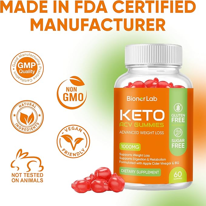 Keto ACV Gummies - Sugar Gluten Free Pro Active Super Apple Cider Vinegar Supplement for Men Women - Digestion Metabolism Hair Skin Health (1000MG)
