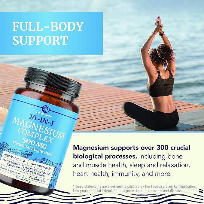 10 in 1 Magnesium Complex Supplement 500MG | Magnesium Citrate, Mag Glycinate, Malate & More | High Absorption Mag Complex with Vitamin B6 | Bone, Muscle & Heart Health Support | Non-GMO | 60 Ct.