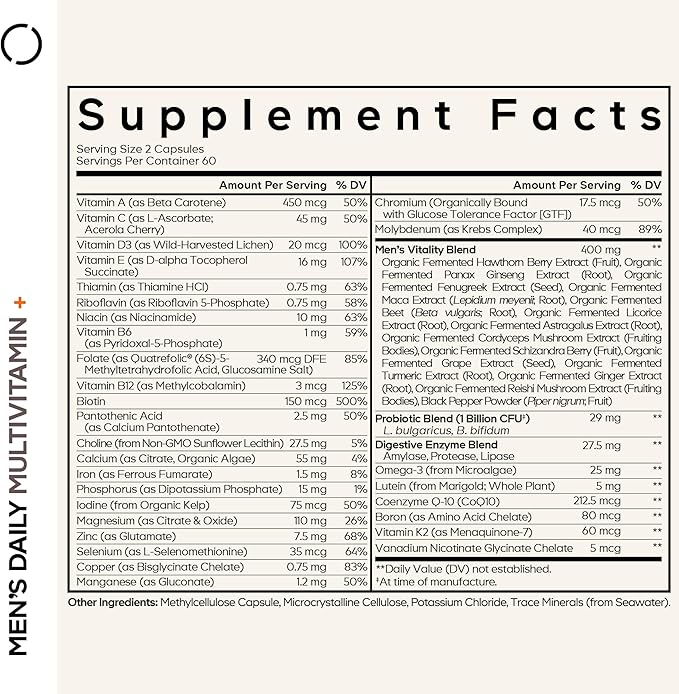 Codeage Men’s Daily Multivitamin – 25+ Essential Vitamins & Minerals, Organic Whole Foods, Probiotics, Omega-3, Zinc, Vitamins A, B, C, D, E & K – 120 Capsules