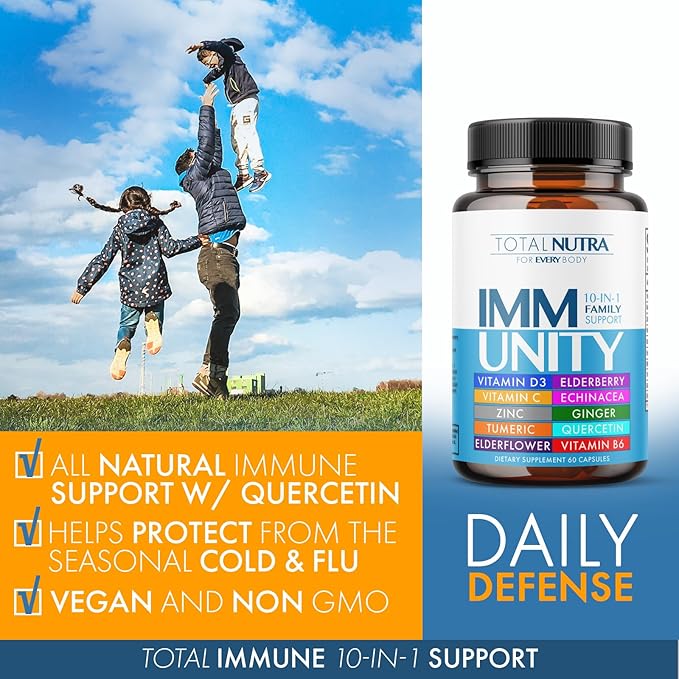 10-In-1 Immune Support Supplement: Immune Boosters for Adults & Kids Daily Immunity Defense with Key Immune System Vitamins Zinc, Vitamin C and D, Plus Elderberry, Quercetin, Echinacea & More, 60 Caps