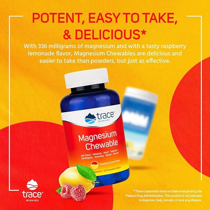 Trace Minerals | Magnesium Chewable Supplement for Adults and Kids | from Magnesium Glycinate and Citrate | Sugar Free | Raspberry Lemon | 120 ct, 30 Servings