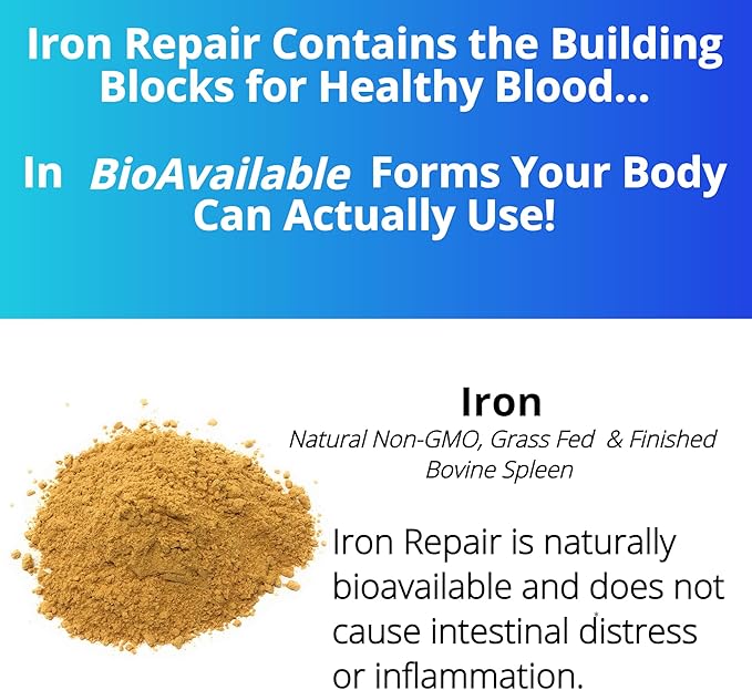 Iron Repair Simply Natural Iron Supplement, Best Absorption & Gentle on Stomach, Monash Low FODMAP, Raise Hemoglobin & Ferritin Iron Pills for Women, Men, Teens, & Pregnancy 90 Bovine Gelatin Capsules
