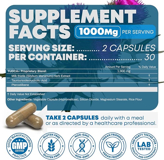 TUDCA+ 1000mg Bile Salt Supplement for Liver Support, Detoxification, Digestive Health, Inflammation, and Skin Health - Made in The USA (60 Vegan Capsules)