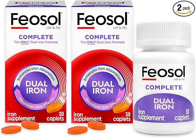 Feosol Complete Iron Supplement Tablets, Non-heme, 325mg Ferrous Sulfate (65mg Elemental Iron) per Iron Pill, 1 Per Day, 30 Count (Pack of 2, Total 60 Count), for Energy and Immune System Support