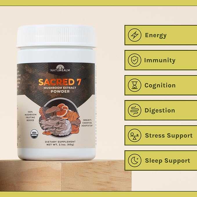 Naturealm - Sacred 7 Mushroom Extract Powder - Lion’s Mane, Cordyceps, Reishi, Turkey Tail, Chaga, Maitake, and Shiitake - 100 Percent Fruiting Bodies, 2oz