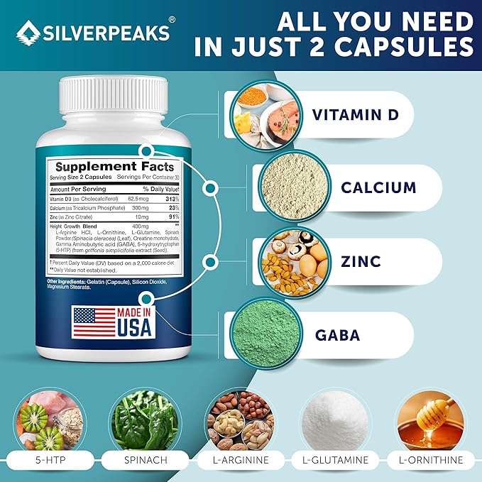 Growth Capsules to Grow Taller - Height Growth Maximizer with Calcium for Bone Strength - Made in USA - Natural Get Taller Supplement - Free of Growth Hormone - Pack of 2