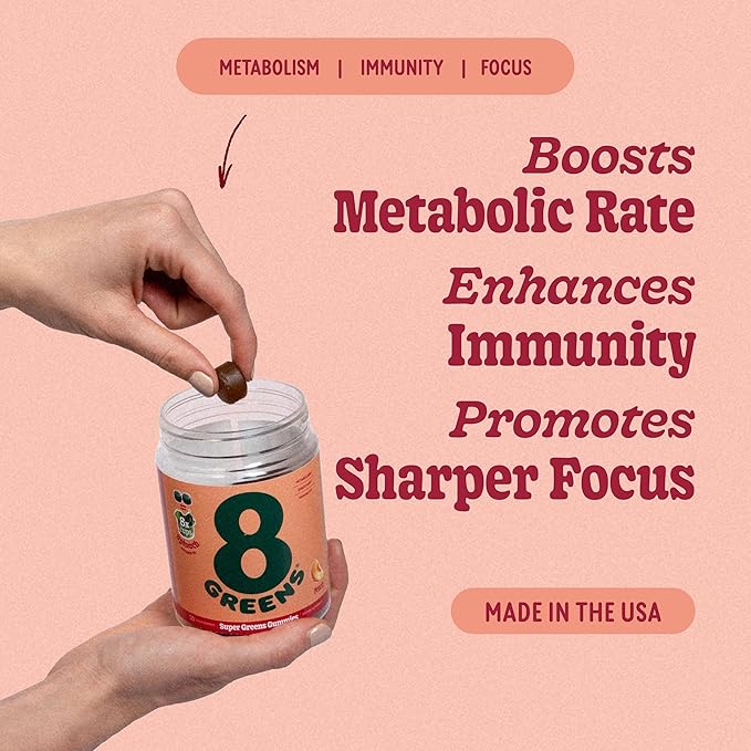 8Greens Supergreens Gummies | Super Greens Powder Superfood Gummy for Metabolism, Immunity & Focus, Digestive Health Enzymes, Organic: Chlorella, Spirulina, Aloe Vera, Peach Flavor, 100 Count