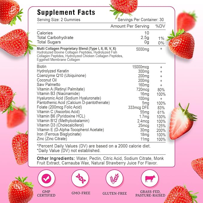 Multi Collagen Peptides Gummies, Collagen Gummies for Women & Men, Type I,II,III,V,X Protein with Biotin, Hyaluronic Acid, Vitamin C for Healthy Skin Support, Strawberry Flavored, Sugar Free, 60Cts