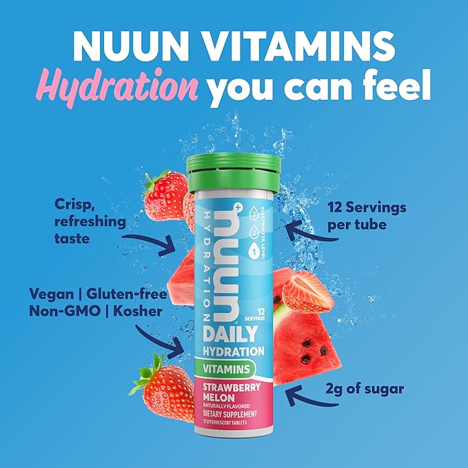 Nuun Hydration Vitamins Electrolyte Tablets, Strawberry Melon, 5 Essential Electrolytes for Hydration + Vitamin A, B6, C, D, E, with Magnesium, Vegan, Non-GMO, 8 Pack (96 Servings)