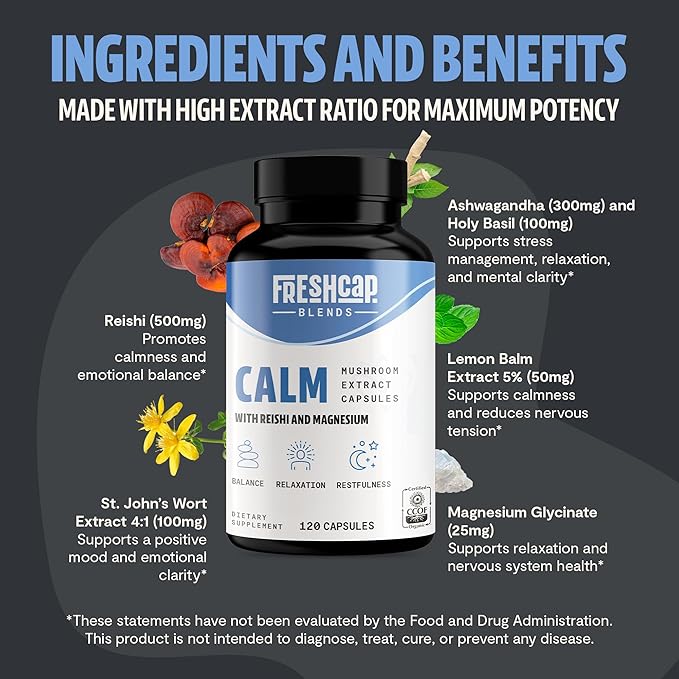 FreshCap 5-in-1 Calm Magnesium Glycinate Supplement, 7000mg Reishi Mushroom Capsules, Calm Magnesium, Natural Calm Magnesium Supplement, St Johns Wort Extract, Ashwagandha Magnesium, Ayurveda