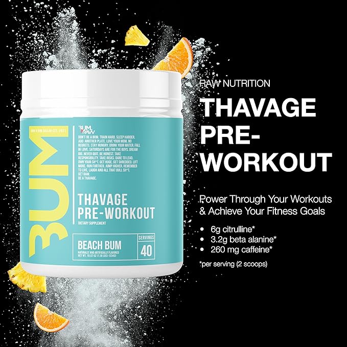 RAW Preworkout Powder, Thavage (Beach Bum) - Chris Bumstead Sports Nutrition Supplement for Men & Women - Cbum Pre Workout for Working Out, Hydration, Mental Focus & Energy - 40 Servings