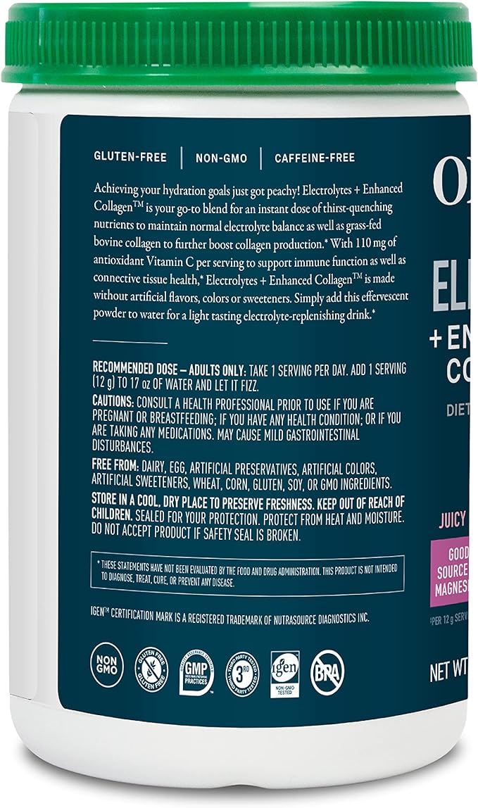 Organika Electrolytes + Enhanced Collagen- Strawberry Peach Flavor- Sugar-Free Hydration + Protein 360 Gram - 30 Servings