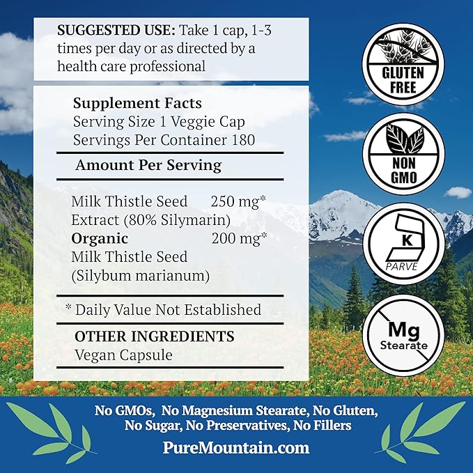 Pure Mountain Botanicals High Potency Milk Thistle -180 Kosher Vegan Capsules with 450mg Organic Milk Thistle Seed and Extract