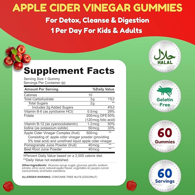 Halal Apple Cider Vinegar Gummies. Cleanse & Detox ACV Gummies for Immune Support & Digestion. Vegan, Non-GMO, Keto Friendly, Gelatin Free Apple Cider Gummies. 60 Count, 60 Servings