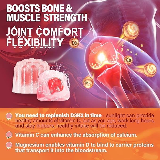 Vitamin D3 K2 Gummies 5000IU / 10,000 IU with 500mg Calcium + K2(MK-7) 200mcg, Magnesium, Vitamin C & Zinc, Extra Strength - Ultimate Absorbency for Bones, Muscles, Teeth, Vegan, 60 Count (Pack of 1)