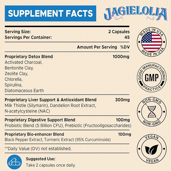 All-In-One Detox Binder Supplement 1500 MG - High Bioavailability, Liver Gut Detox Cleanse with Activated Charcoal, Zeolite & Bentonite Clay for Toxins, Liver, Digestive, 900 Vegan Capsules