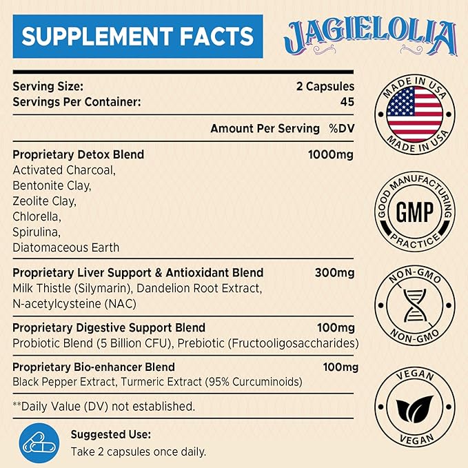All-In-One Detox Binder Supplement 1500 MG - High Bioavailability, Liver Gut Detox Cleanse with Activated Charcoal, Zeolite & Bentonite Clay for Toxins, Liver, Digestive, 270 Vegan Capsules