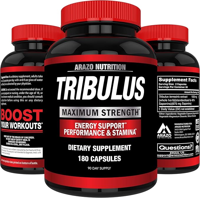 Arazo Nutrition Tribulus Terrestris 1500mg Extract Powder – 180 Capsules - Energy Booster with Estrogen Blocker