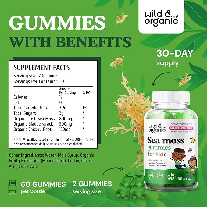 Wild & Organic Irish Sea Moss Gummies for Kids 800mg - Immune Support with Bladderwrack - Vegan Sea Moss Gel Chews for Overall Support - 60 Non-GMO Seamoss Gel Gummies