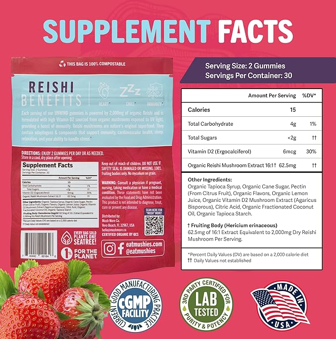 Mushie 100% Organic Reishi Mushroom Gummies - 2000mg Reishi Nootropic for Relaxation, Sleep, Cardiovascular Health & Immune Support with Vitamin D - Vegan, Gluten-Free - 60 Count