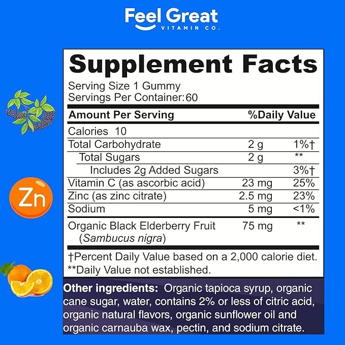 USDA Organic Elderberry Gummies for Kids | Immune Support Elderberry with Zinc and Vitamin C - Gluten Free & Vegan Children's Vitamins - 60 Count | Sambucus Nigra Supplement