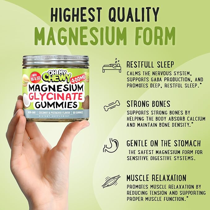Center-Filled Magnesium Glycinate Gummies 400MG - High Absorption for Kids, Teens & Adults - Supplement for Sleep, Calm & Muscle Relaxation with B6 & D3 - Gluten Free & Vegan Friendly - 60 Count