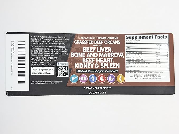 Clean Nutraceuticals Grass Fed Beef Liver Capsules - Premium Quality Supplement Packed with Desiccated, Beef Heart, Beef Spleen, Beef Pancreas Plus Bone & Marrow Dao Enzyme Pills