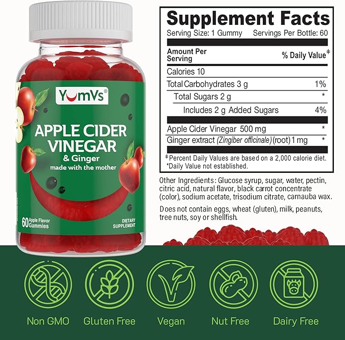 Apple Cider Vinegar Gummies with The Mother + Ginger by YumVs | Non GMO, Vegetarian Supplement for Women & Men | Heart Health and Digestive Support | Natural Apple Flavor Chewables - 60 Count