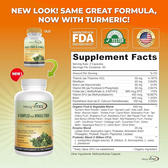 Vitamin B Complex - B Vitamins Whole Food Supplement, B12 Methylcobalamin, B1, B2, B3, B5, B6, B7, B9 - for Stress, Energy and Immune Support, Vegan, 120 Capsules