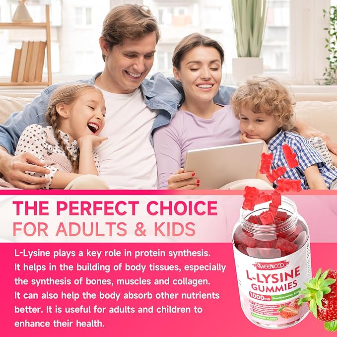 2 Pack L-Lysine 1000mg Gummies, Lysine Supplement for Adults & Kids, Essential Amino Acid for Oral & Lips Health, Boost Immune & Calcium & Collagen, Sugar-Free, Strawberry Flavor, 120 Count