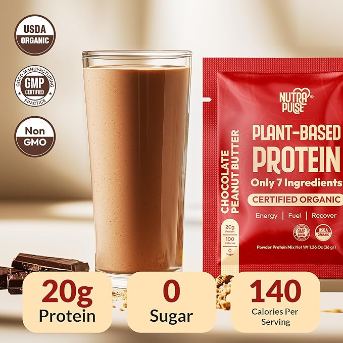 Organic Vegan Protein Powder Sample Pack – Chocolate Peanut Butter Flavor – 36g Plant-Based Protein Per Serving – Gluten-Free, Dairy-Free, Non-GMO – Ideal for Smoothies & Shakes – 24 Pack