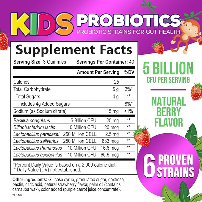 Kids Probiotic Gummies - Chewable Daily Probiotics for Kids Ages 3+ - Natural Digestive Health & Immune Support Vitamin - Vegan, Gluten Soy & Dairy Free, Berry Flavored, Shelf Stable - 120 Gummies