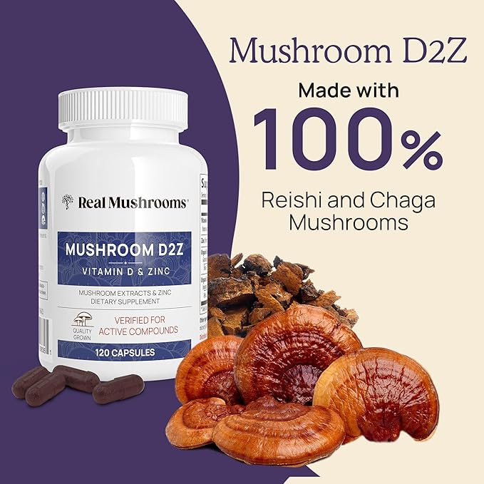 Real Mushrooms Zinc Supplements for Adults 120ct Vitamin D2 Immune Support with Chaga Reishi - Vegan, Gluten-Free, Non-GMO Vitamins Mushroom Capsules