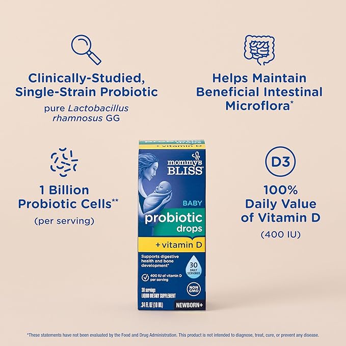 Mommy's Bliss Baby Probiotic Drops + Vitamin D, Supports Digestive Health and Immunity, 400IU Vitamin D for Healthy Bone Development, Newborns +, Flavorless, 0.34 Fl Oz (30 Servings)