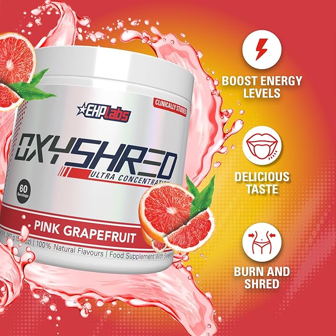 EHP Labs OxyShred Pre Workout Powder - Preworkout Powder with L Glutamine & Acetyl L Carnitine, Energy Boost Drink - Pink Grapefruit, 60 Servings