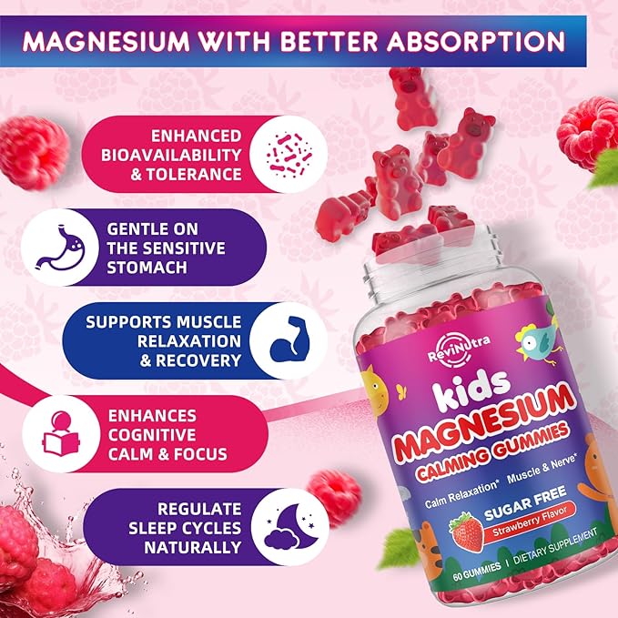 Kids Magnesium Gummies, Magnesium Glycinate, L-Threonate Gummies for Kids & Adults with L-Theanine, Chamomile, Licorice, Vitamin D, B6 for Sleep, Relaxation, Brain & Muscle, Sugar Free Raspberry 60ct
