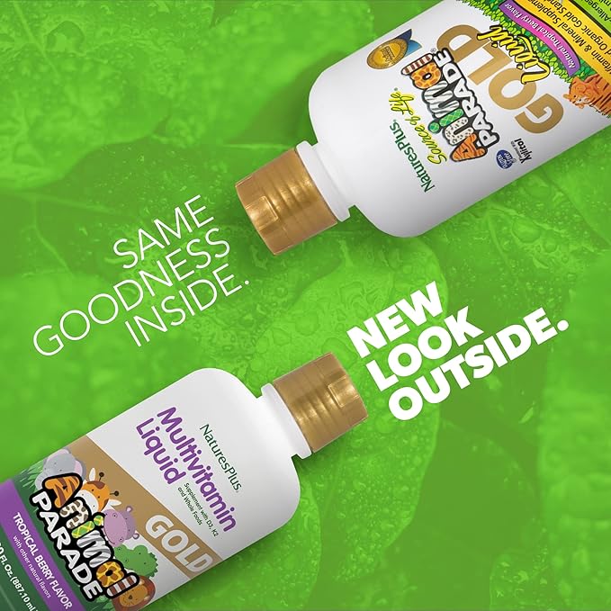 NaturesPlus Animal Parade Source of Life Gold Children's Liquid Multivitamin, 30 OZ - Natural Tropical Berry Flavor - Immune Support Supplement - Organic Whole Foods, Gluten-Free, Vegan - 60 Servings