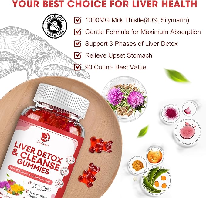 Liver Cleanse Detox & Repair Gummies - 24 Potent Herb w/3000MG Milk Thistle Silymarin, Dandelion, Artichoke Extract & Elderberry - No Sugar, Raspberry Flavor - 90 Count