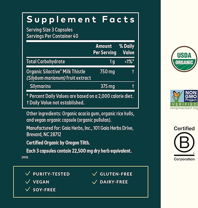 Gaia Herbs Milk Thistle - Liver Supplement & Cleanse Support for Maintaining Healthy Liver Function* - 120 Vegan Capsules (40-Day Supply)