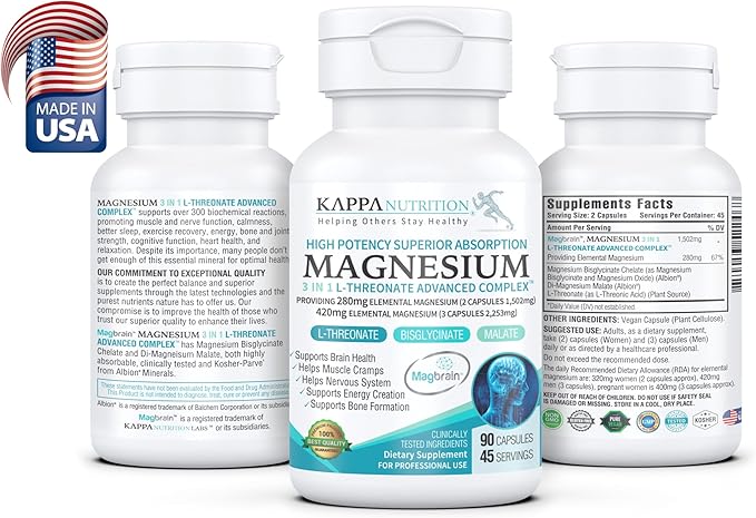 (90 Capsules), 2,253mg Per Serving, Providing 420mg Elemental Magnesium, L-Threonate, Bisglycinate Chelate, Malate, from Kappa Nutrition.
