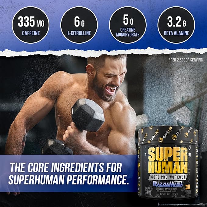 ALPHA LION Core Pre Workout w/Creatine for Performance, Beta Alanine for Muscle, Powder, L-Citrulline for Pump & Tri-Source Caffeine for Sustained Energy (30 Servings, Blue Raspberry Flavor