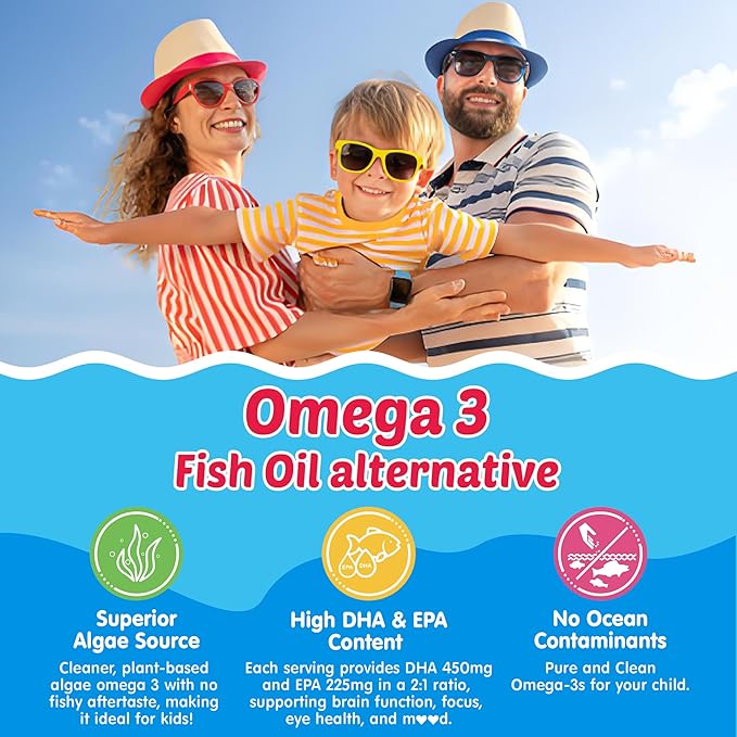 Kids Omega 3 Gummies with Calcium, Vitamin D3 & K2, C, Omega-3 DHA Gummies for Focus and Memory, Bone Health & Immune Support, Kids Omega3 Supplement - No Fish Taste, Non-GMO, Chewable, 60 Counts