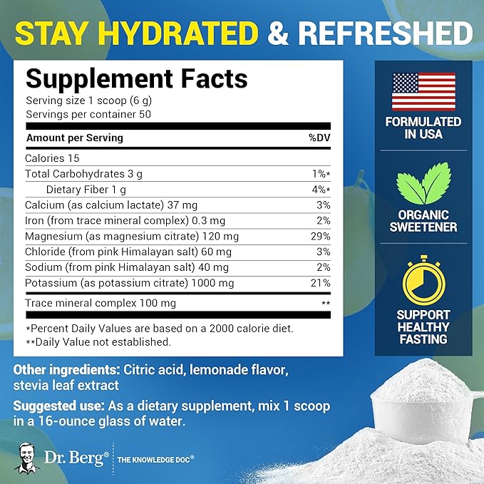 Dr. Berg Zero Sugar Hydration Keto Electrolyte Powder - Enhanced w/ 1000 mg of Potassium & Real Pink Himalayan Salt (NOT Table Salt) - Lemonade Flavor Hydration Drink Mix Supplement - 50 Servings